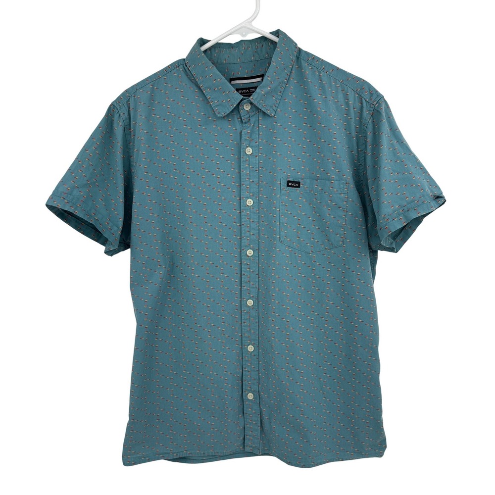 RVCA‎ Mens Relaxed Fit Short Sleeve Button Down Shirt Teal Blue Print Size M